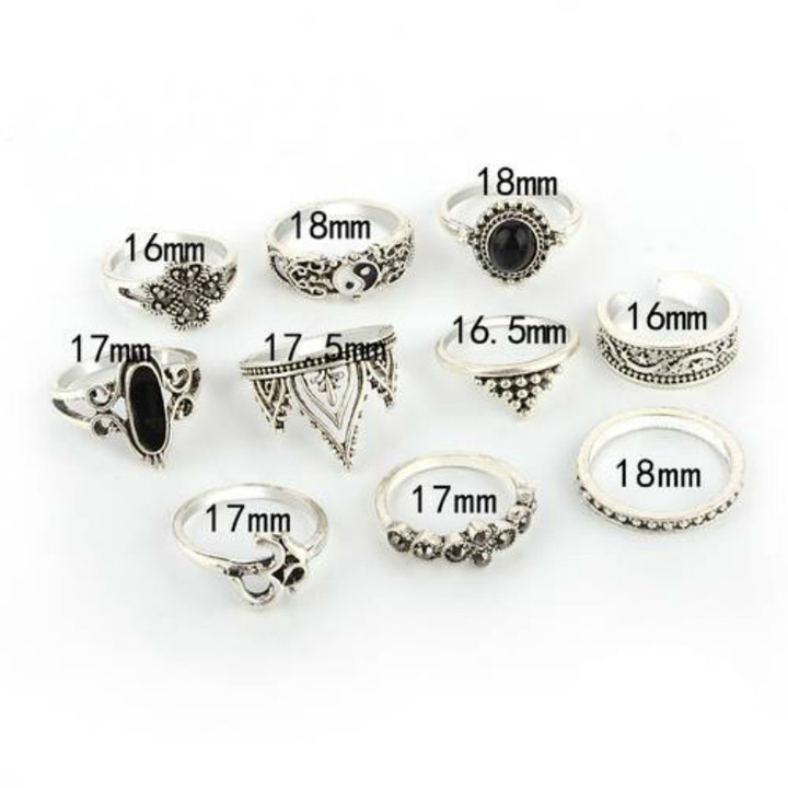10 Pcs/set Women Fashion Gossip Retro Crystal Crown Carved Moon Star Black Gem Yoga Rings Set