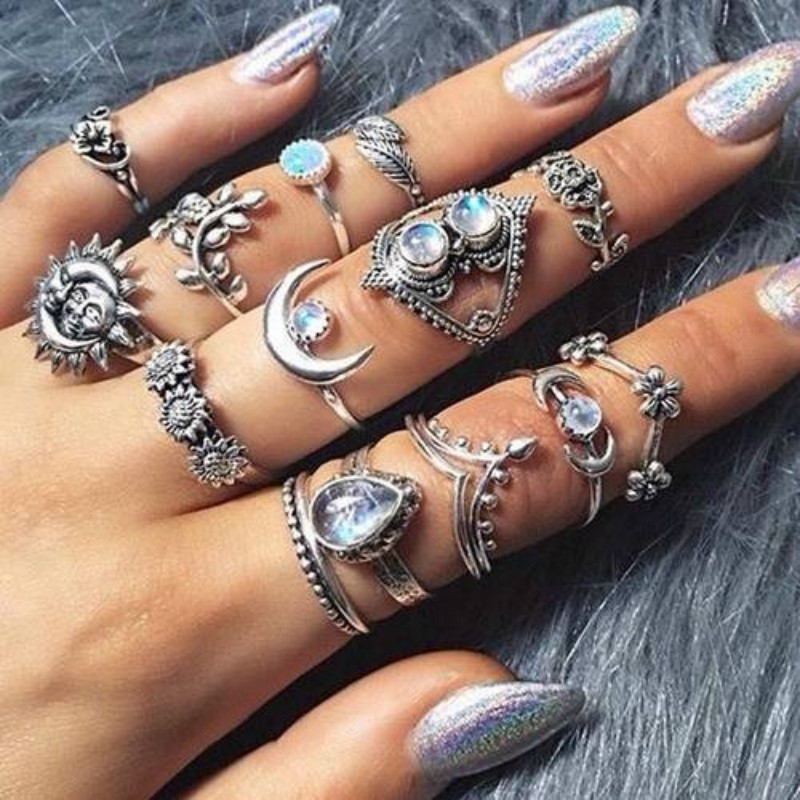 14 Pcs/Set Fashion Drops Flowers Sunflower Moon Sun Fourteen Rings Hollow Engraved Diamond Ring Set