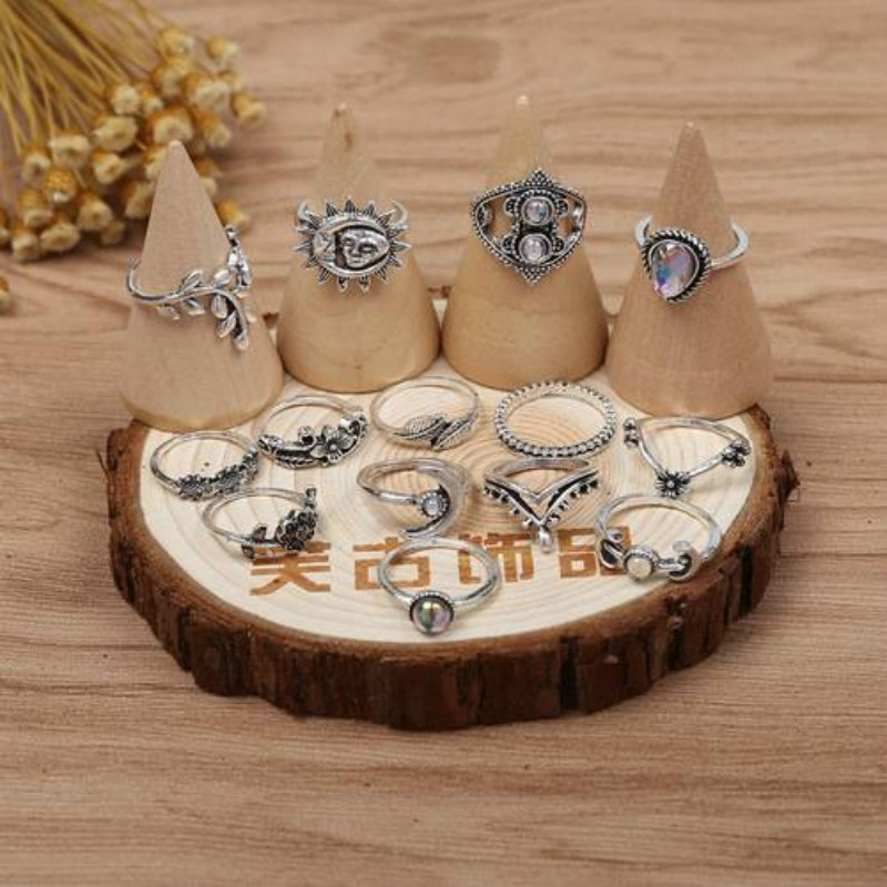 14 Pcs/Set Fashion Drops Flowers Sunflower Moon Sun Fourteen Rings Hollow Engraved Diamond Ring Set