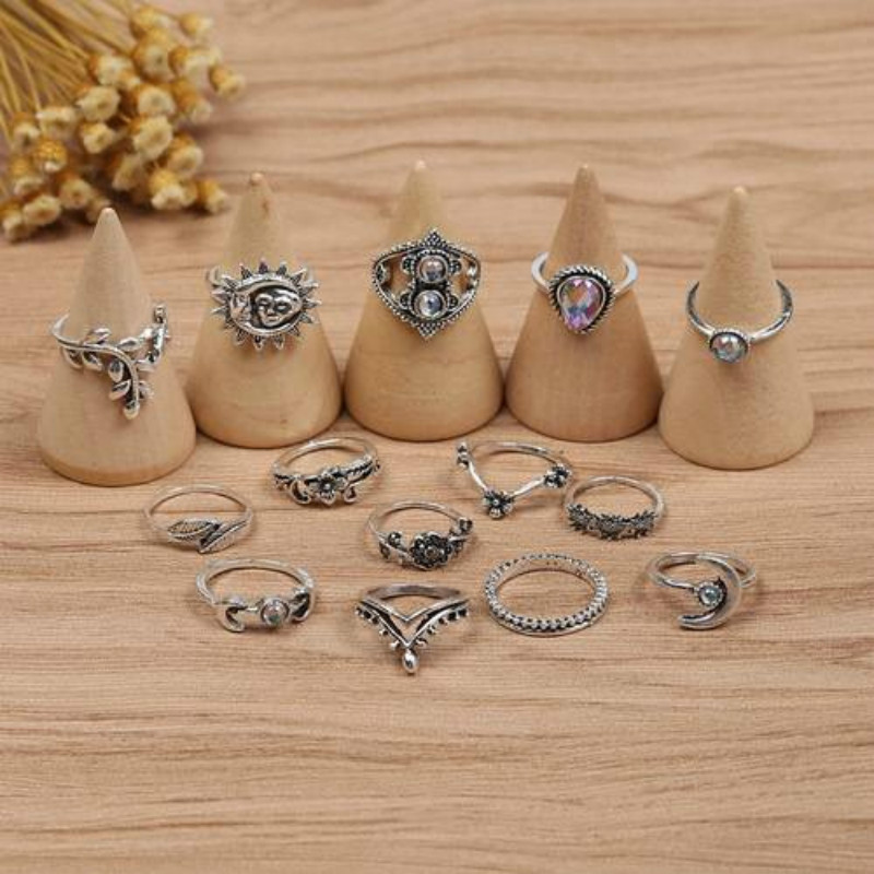 14 Pcs/Set Fashion Drops Flowers Sunflower Moon Sun Fourteen Rings Hollow Engraved Diamond Ring Set