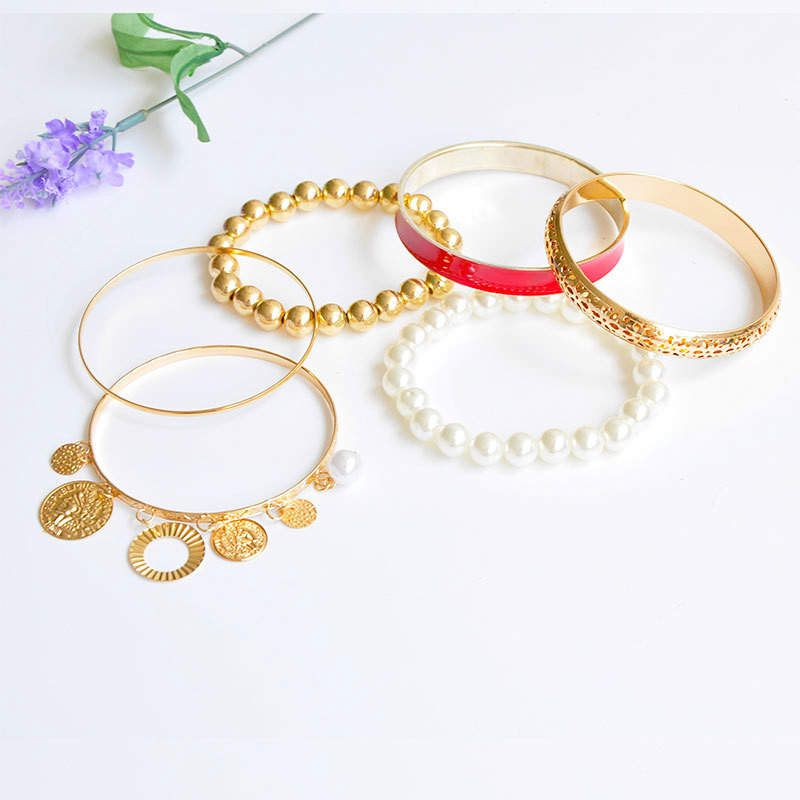 6PCS/SET European and American fashion pearl hollow multi-layer bracelets jewelry set gift for women