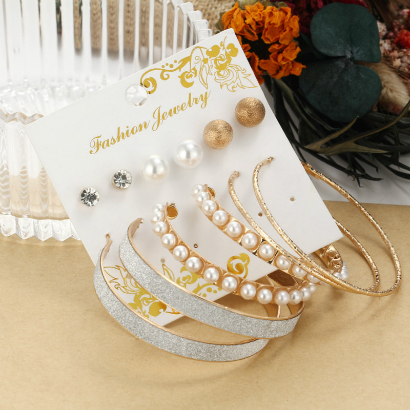 6 Pcs/set earrings studs for women exaggerated artificial pearl  large circle earring in jewellery