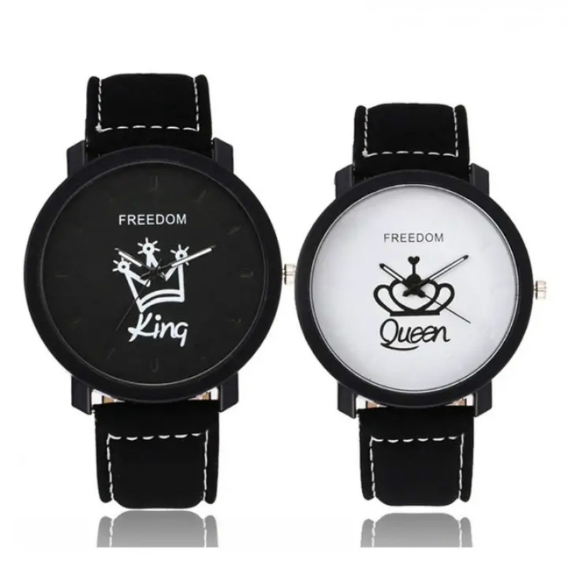 2Pcs/set Watches fashion couple men and women queen king leather quartz wrist watche watchs ladies