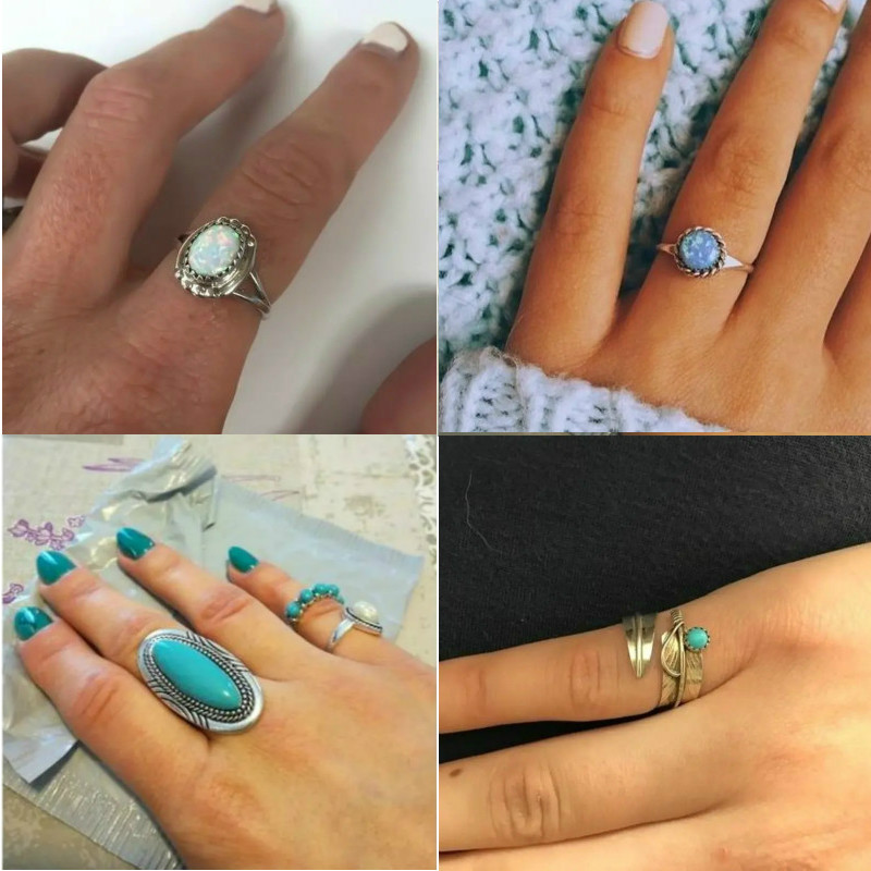 8 Pcs/set Turquoise Opal Rings Sets New Natural Gemstone Rings jewellery for women rings wedding