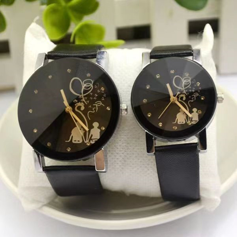 2Pcs New Fashion Simple Black Dial with Diamond Backshadow Couple Watches Men's and Women's Leather Straps Belt Watch Student Valentine Gift Wristwatch