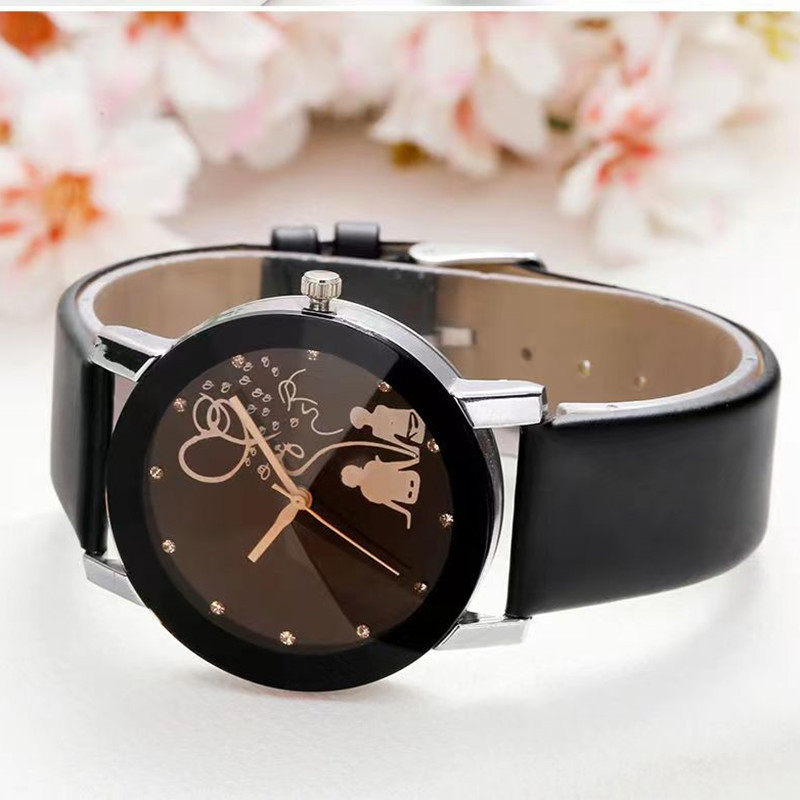 2Pcs New Fashion Simple Black Dial with Diamond Backshadow Couple Watches Men's and Women's Leather Straps Belt Watch Student Valentine Gift Wristwatch