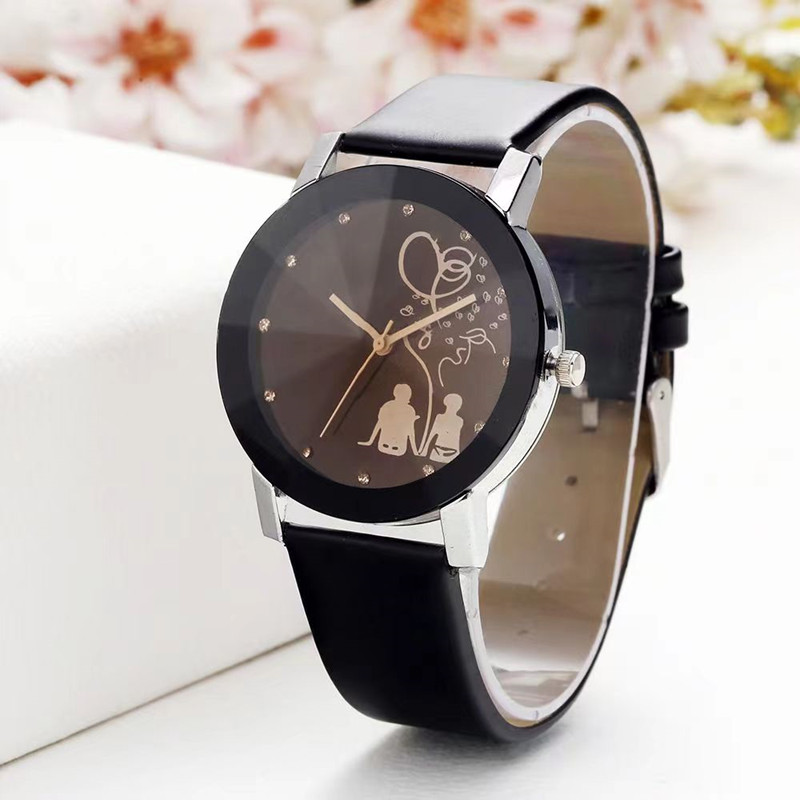 2Pcs New Fashion Simple Black Dial with Diamond Backshadow Couple Watches Men's and Women's Leather Straps Belt Watch Student Valentine Gift Wristwatch