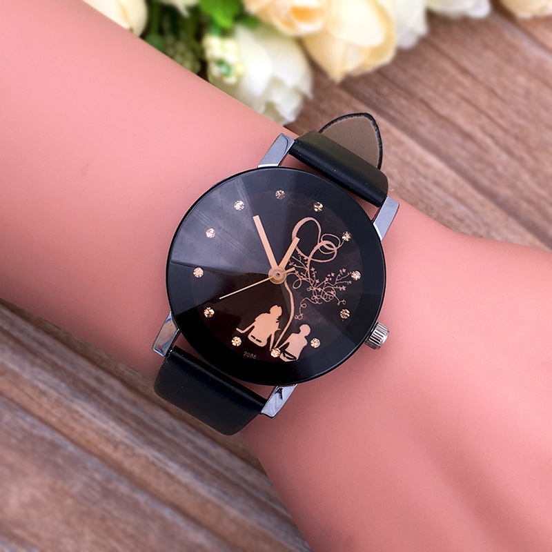 2Pcs New Fashion Simple Black Dial with Diamond Backshadow Couple Watches Men's and Women's Leather Straps Belt Watch Student Valentine Gift Wristwatch