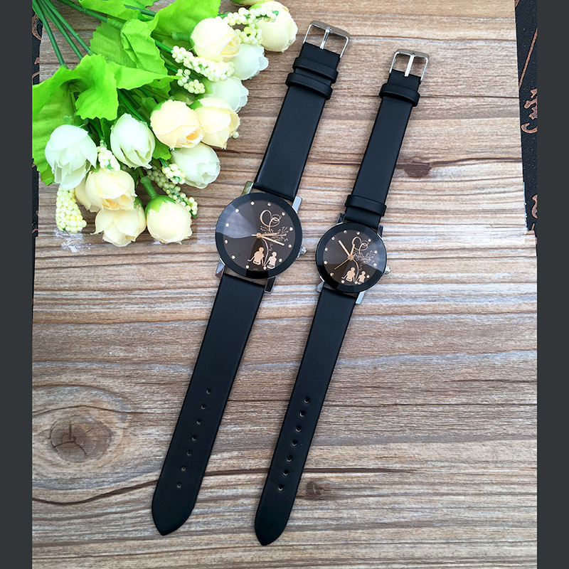 2Pcs New Fashion Simple Black Dial with Diamond Backshadow Couple Watches Men's and Women's Leather Straps Belt Watch Student Valentine Gift Wristwatch