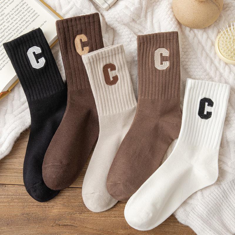 5PCS Socks Cotton Stockings Bling Ladies Trend All-fit Mid-tube Socks Autumn Winter Vertical Bar Letter Kinematic Growth SocksAs shows,One Size