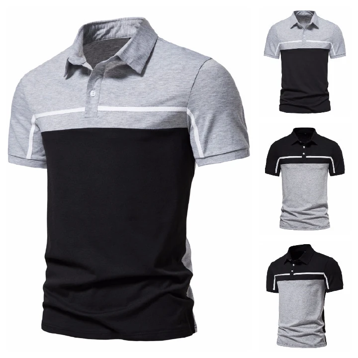 2022 foreign trade new European and American men's business casual up and down color patch short sleeves lapel t-shirt polo shirt men's PL53