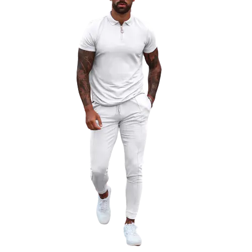 foreign trade new European and American men's casual lapel solid color set short sleeves long pants two-piece set