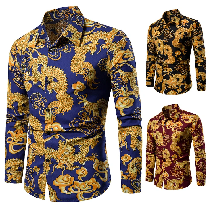 Fall 2022 cross-border foreign trade slim men's shirt loose lapels dragon pattern print long sleeve shirt men