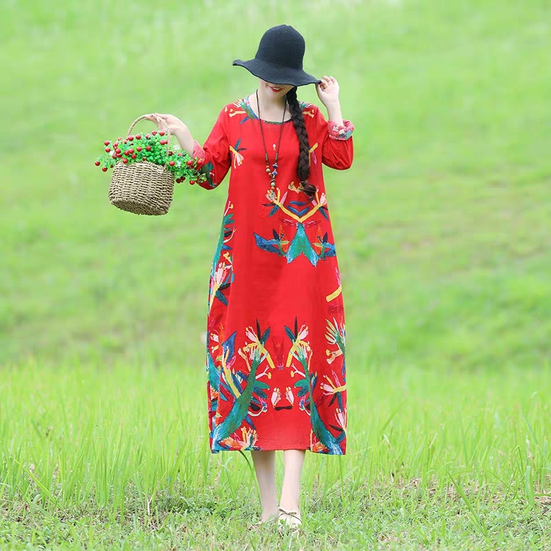 2021 Spring Folk Style Art Retro Orientation Flower Cotton and Hemp Dress