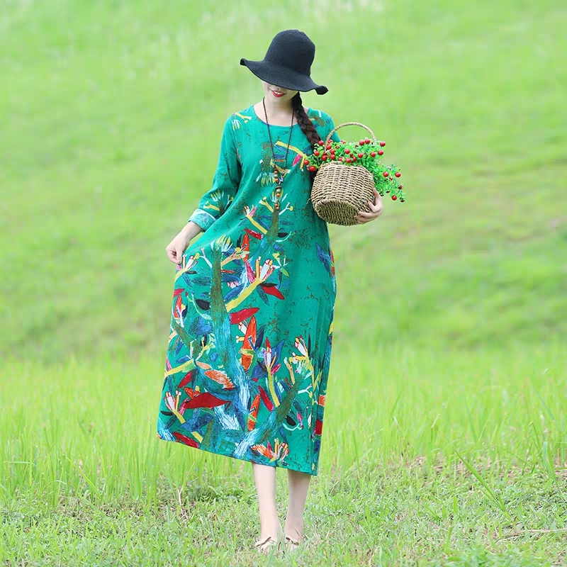 2021 Spring Folk Style Art Retro Orientation Flower Cotton and Hemp Dress