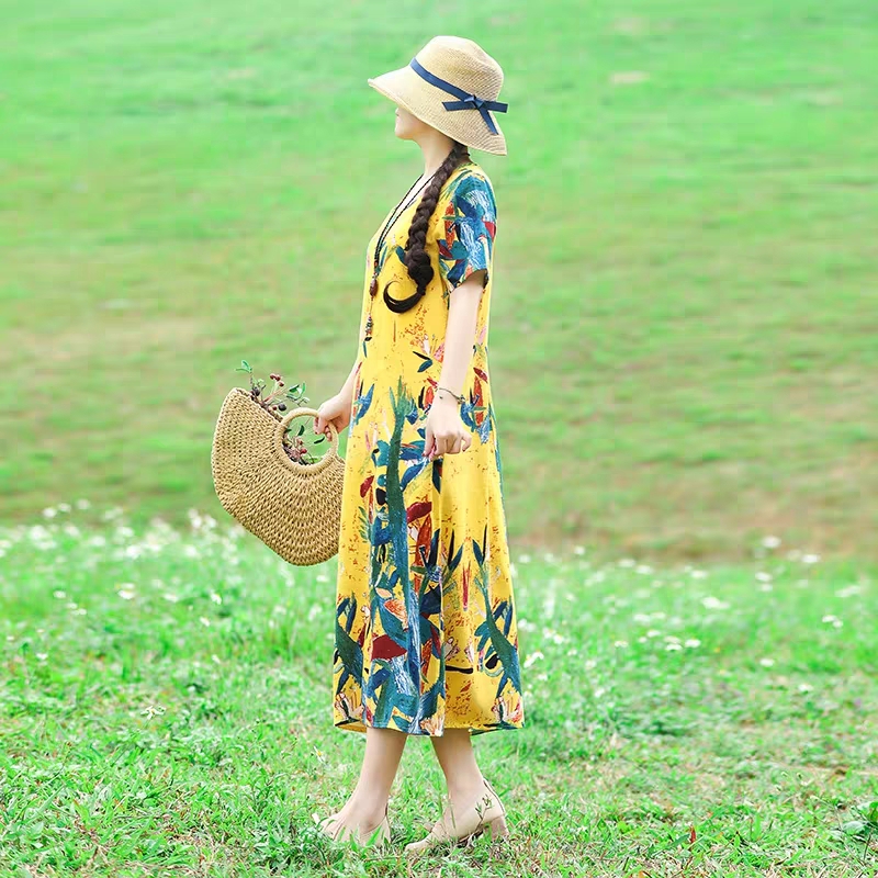 2021 Spring Folk Style Art Retro Orientation Flower Cotton and Hemp Dress