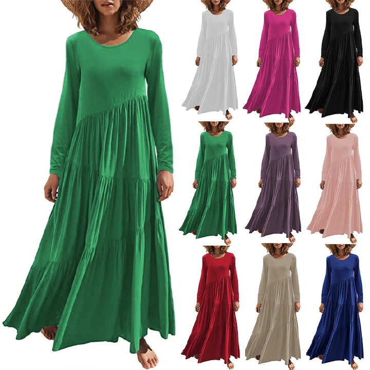 Loose long-sleeved skirt with round collar asymmetrically swaying layered beach dress