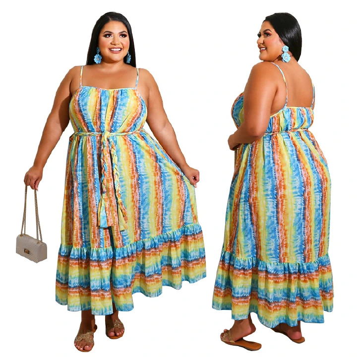 Plus Size Women's 2022 New Casual Rainbow Striped Color Slip Dress