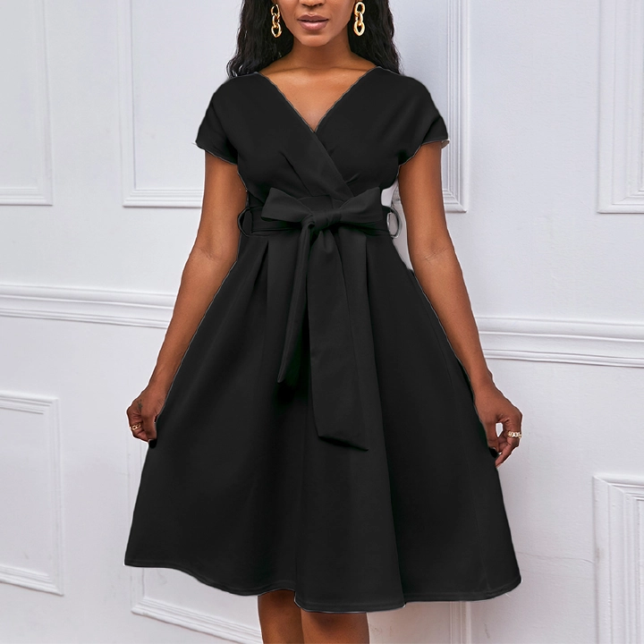 European and American plus size women's dress solid color dark V-collar large hem sexy dress