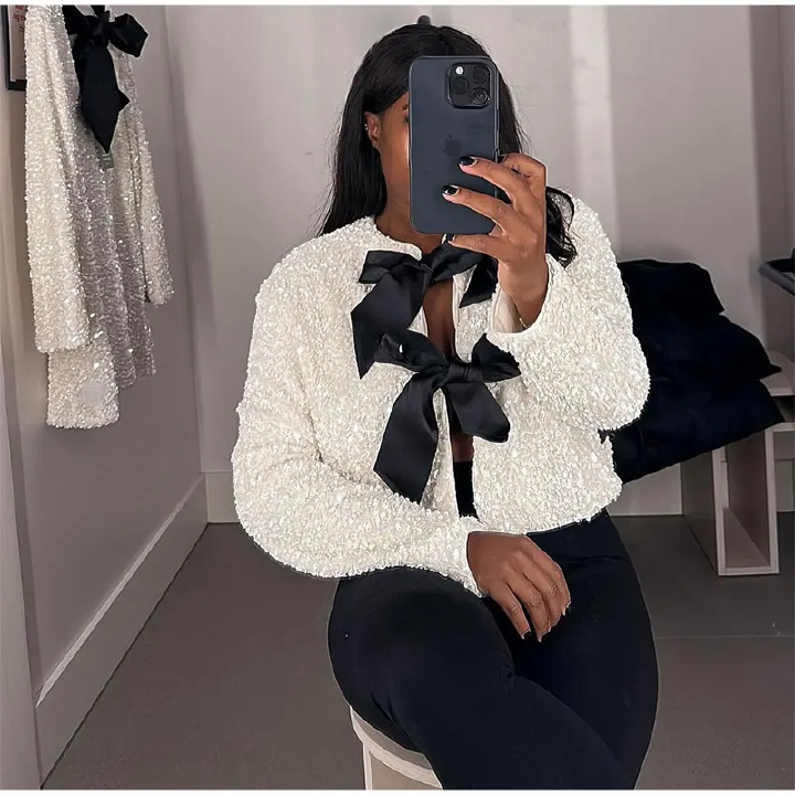 Fashion Sparking Bow Sequin Jacket for Women Chic Christmas Long Sleeve Shiny Coat Female Elegant Short Evening Party Outerwear