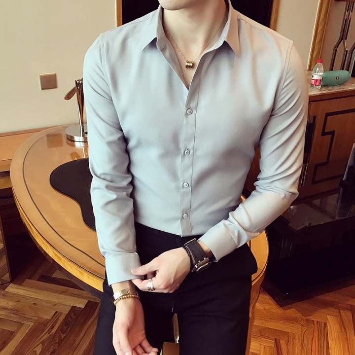 Korean version of long sleeved men's pure color shirt trend men's cotton shirt
