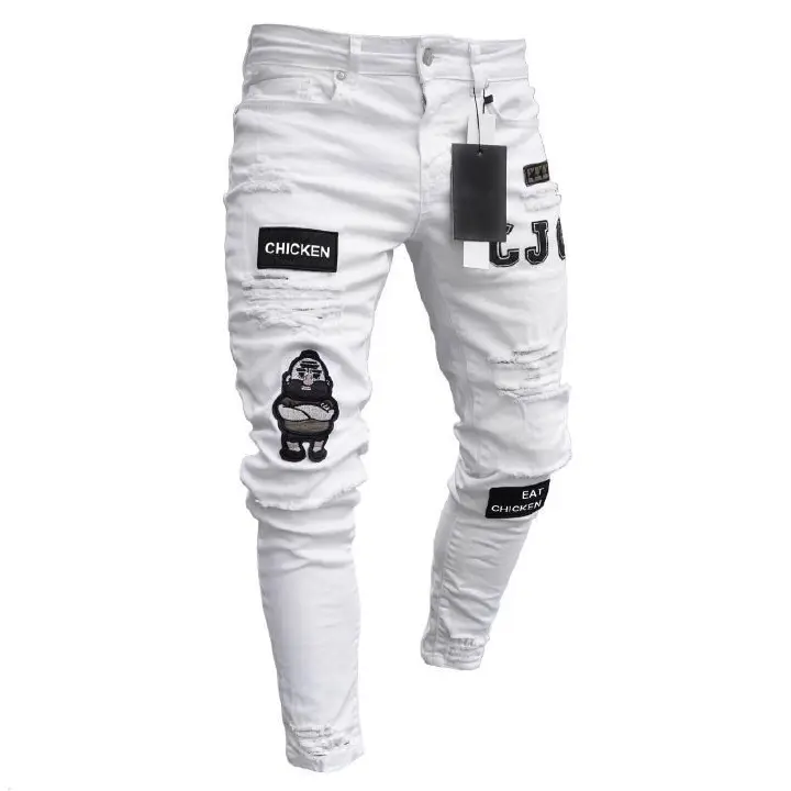 European and American men's skinny jeans light color ripped leg pants
