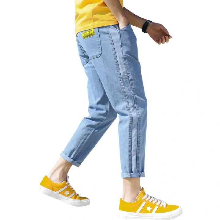 Side striped panel jeans men cropped spring personality simple tether 9 points jeans men ins super hot pants