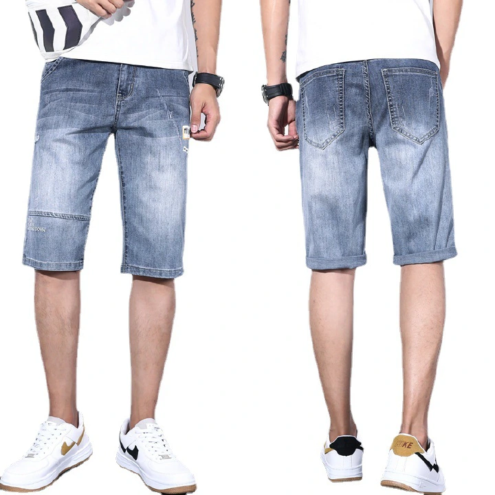 Jeans summer thin stretch five-point pants washed white youth men's pants