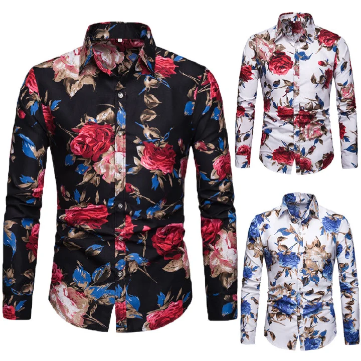 Spring and Autumn Casual Men's Long-sleeved Slim Corduroy                                                                                         Floral Shirt British Style Crossover Large Lapel Shirt