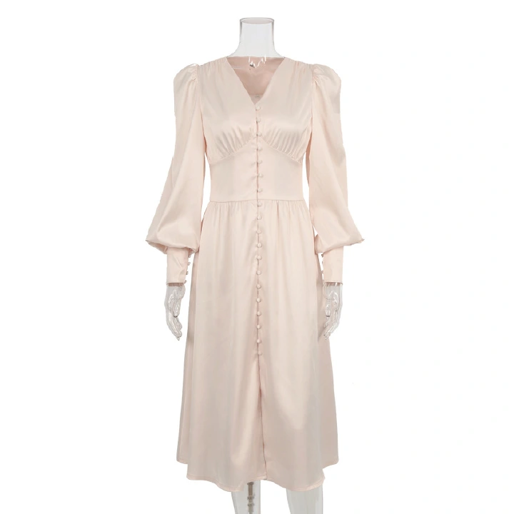 Women's V-neck Satin court waist retracted vintage dress