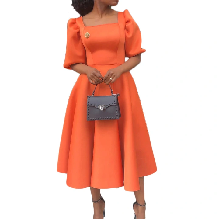 Summer's new short-sleeved pleated solid color large skirt evening dress