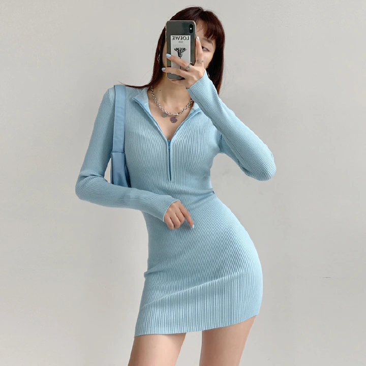 Spring and Autumn 2022 New Europe and America Tight Sexy Zipper Long Sleeve Wrap Bottom Sweater Women's Knitted Dress Skirt
