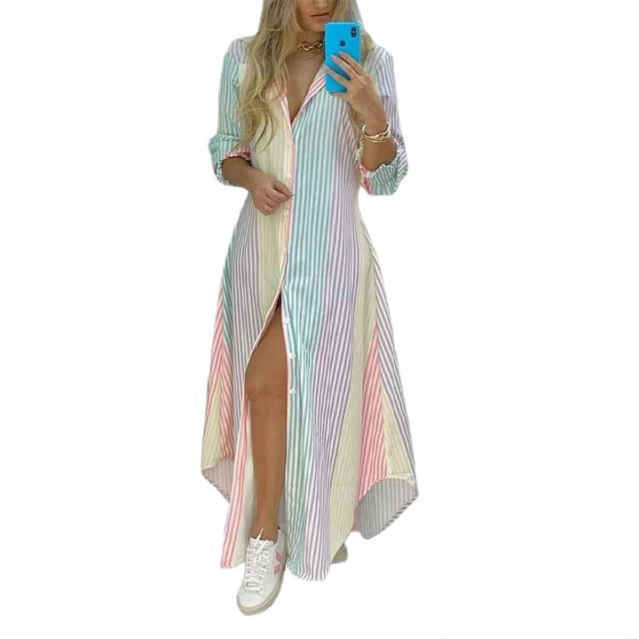 Women Ladies Boho Printed Maxi Dress Turn-down Collar Long Sleeve Striped Shirt Dress Ankle Dress