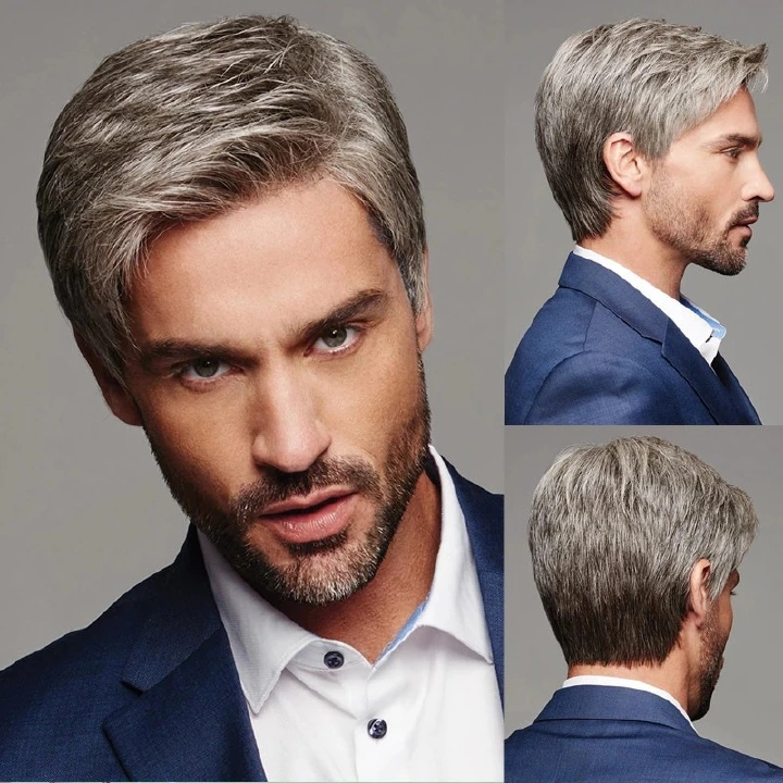 New, Cross-Border Men's Quick-Selling Wigs Europe And The United States Brown Gray Oblique Manufacturers Direct Wig Men