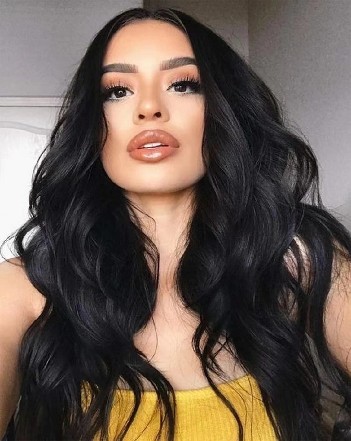 Front lace new wig, long curly black hair, big wave chemical fiber head cover.