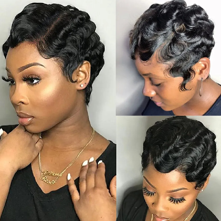 Short Pixie Cut Wig Human Hair Wigs 6 Inch Short Finger Wave Human Hair Wigs Brazilian Water Ocean Wave Full Machine Made Wigs