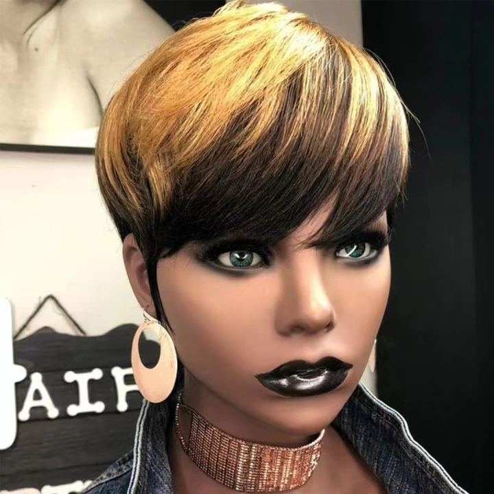 Pre Plucked Human Hair Wigs Ombre Blonde Black Short Straight Human Hair Wigs With Bangs Short Pixie Cut Hair Wigs For Women Glueless