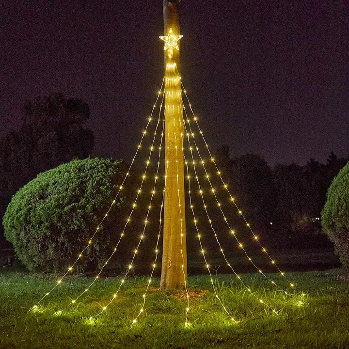 Solar Christmas Decorations Remote Control Waterproof Star String Lights Waterfall Tree Fairy Lamp with Top Star Outdoor Decor