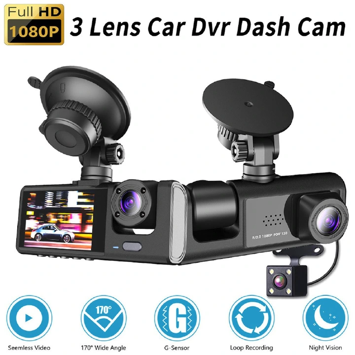Dash Cam For Cars Front And Inside 1080P Dual Camera 3 Camera With IR Night Vision Loop Recording Car DVR Blackbox With 2 Inch IPS Screen