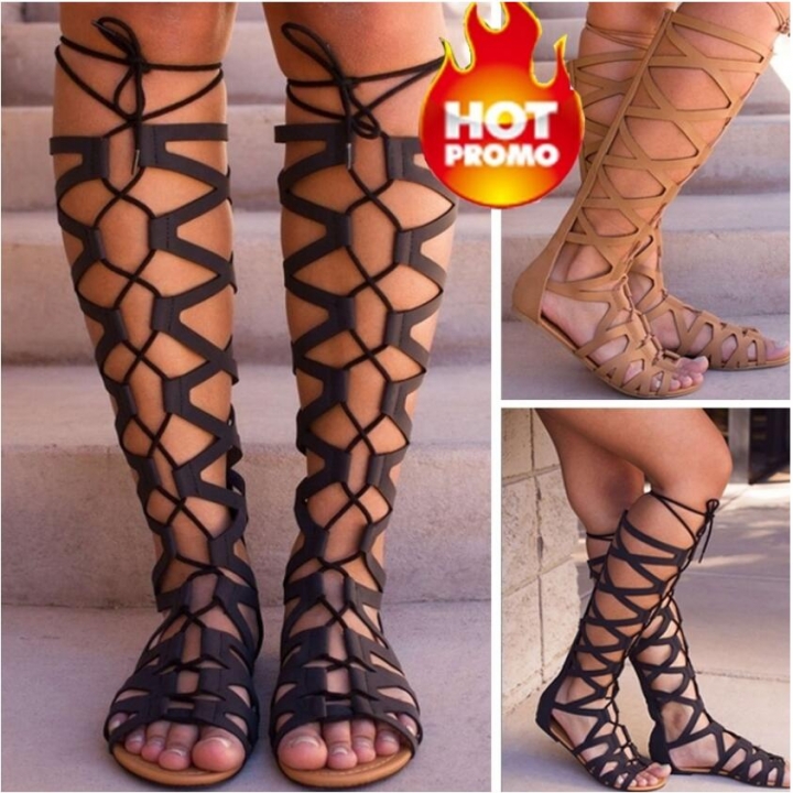 Women&apos;s Sexy Hollow Out Sandals Flat Heel High Boots Open Toe Gladiator Summer Fashion Dress Sandals