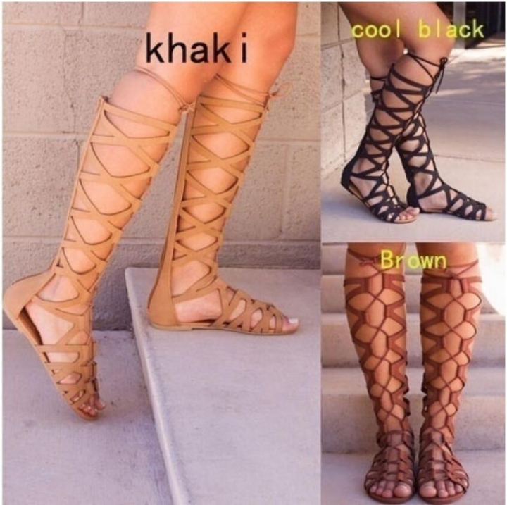 Women&apos;s Sexy Hollow Out Sandals Flat Heel High Boots Open Toe Gladiator Summer Fashion Dress Sandals