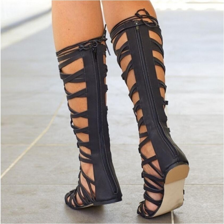 Women&apos;s Sexy Hollow Out Sandals Flat Heel High Boots Open Toe Gladiator Summer Fashion Dress Sandals