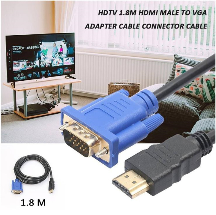 HDTV 1.8M HDMI Male To VGA Adapter Cable Connector Cable For PC TV Black P1A6