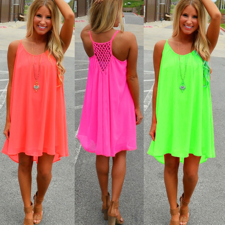 Women beach dress fluorescence female summer dress chiffon voile women dress 2018 summer style