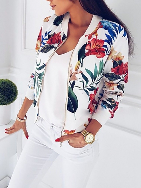 Women Coat Fashion Ladies Retro Floral Up Bomber Jacket Casual Coat Autumn Women Clothes