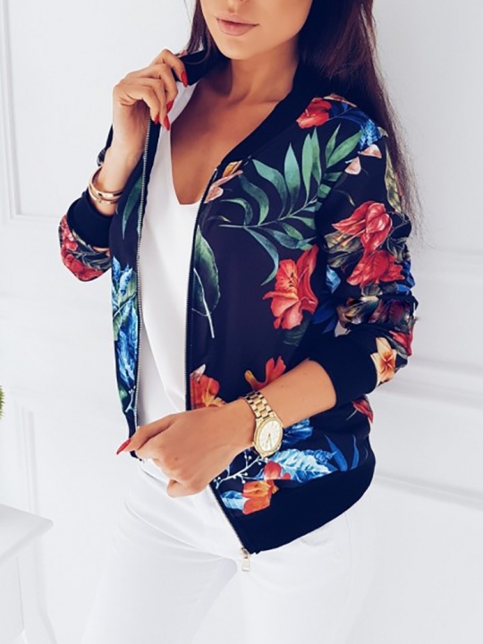Women Coat Fashion Ladies Retro Floral Up Bomber Jacket Casual Coat Autumn Women Clothes