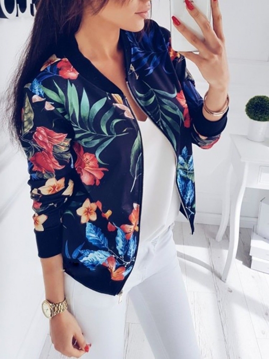Women Coat Fashion Ladies Retro Floral Up Bomber Jacket Casual Coat Autumn Women Clothes