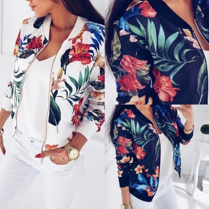 Women Coat Fashion Ladies Retro Floral Up Bomber Jacket Casual Coat Autumn Women Clothes
