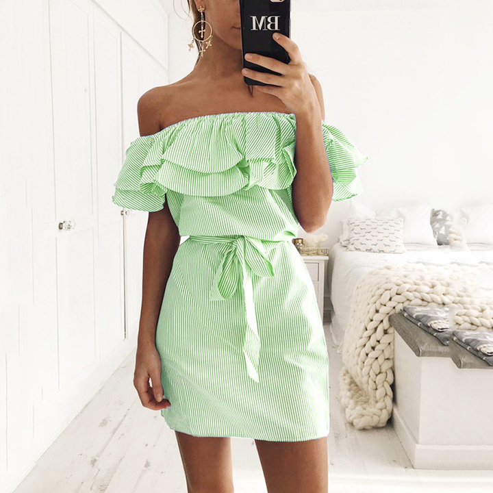 Strapless Striped Ruffles Dress Women Summer Sundresses Beach Casual Shirt Short Mini Party Dresses