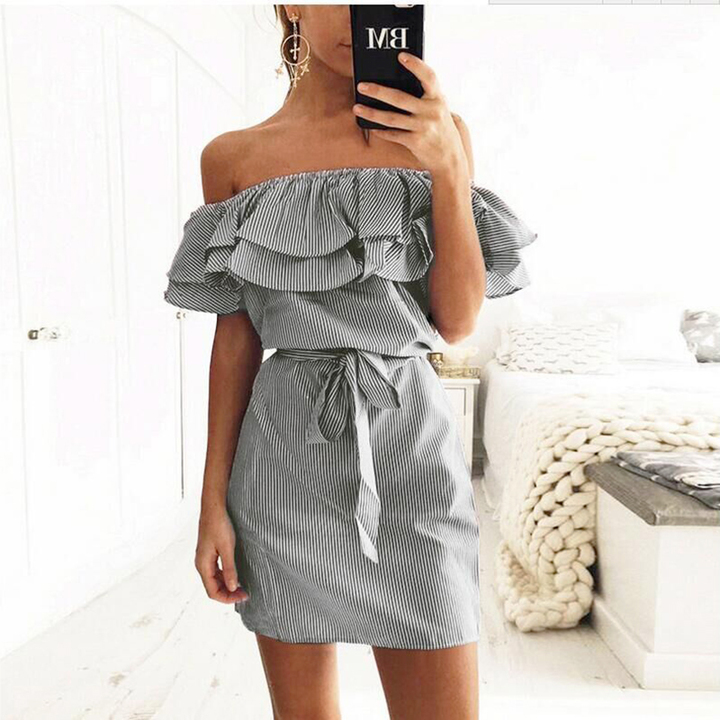 Strapless Striped Ruffles Dress Women Summer Sundresses Beach Casual Shirt Short Mini Party Dresses